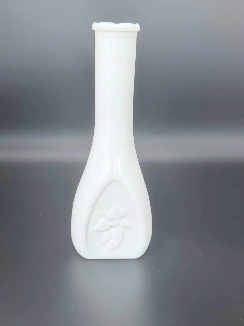 Vintage White Milk Glass Bud Vase 9 in Raised Floral Panel Scalloped Rim